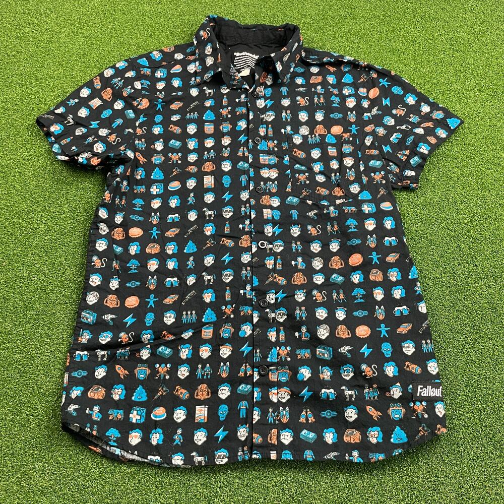 Bethesda Mens Black Fallout Game Icons AOP Woven Button-Up Shirt Sz M